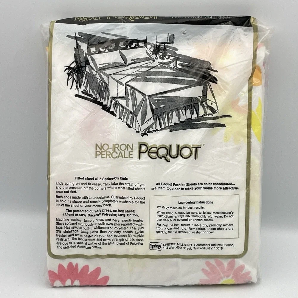 Vintage 1970s Pequot Twin Fitted Sheet Pink Yellow Daisy Floral NOS USA Percale